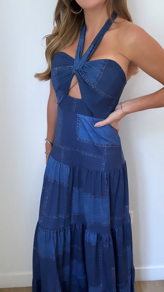 Denim Patches Maxi Dress