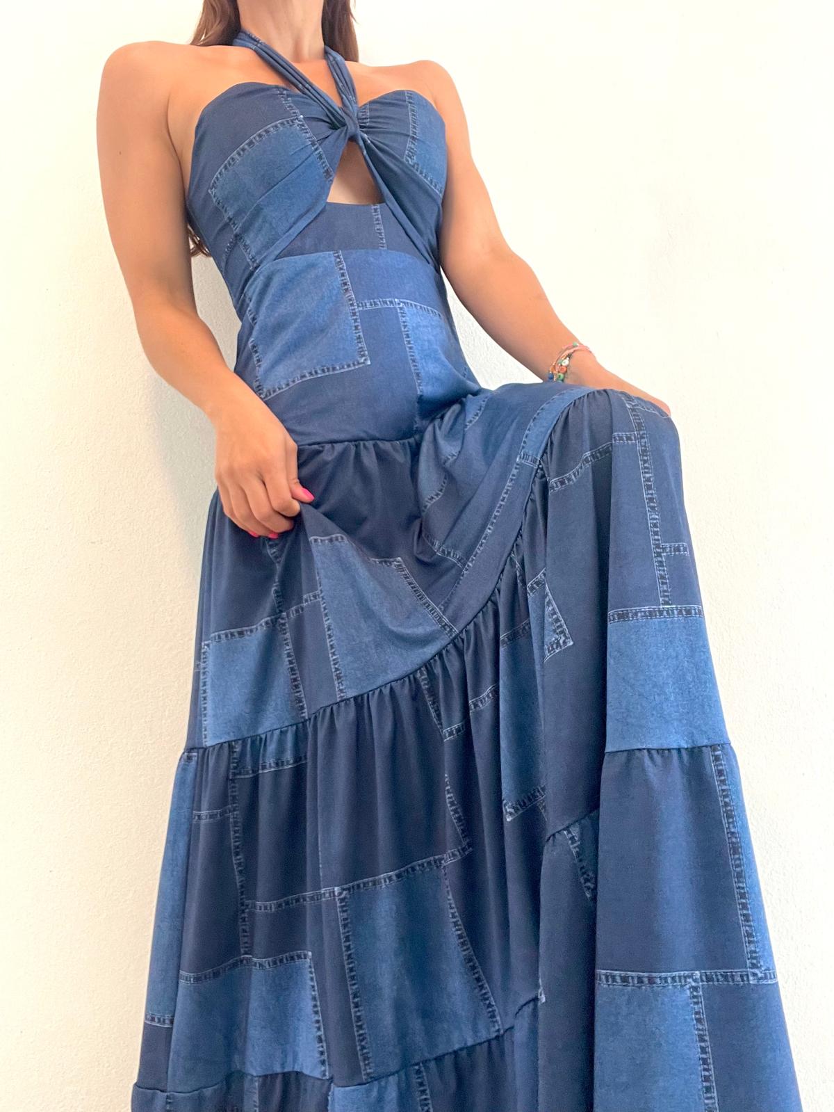 Denim Patches Maxi Dress