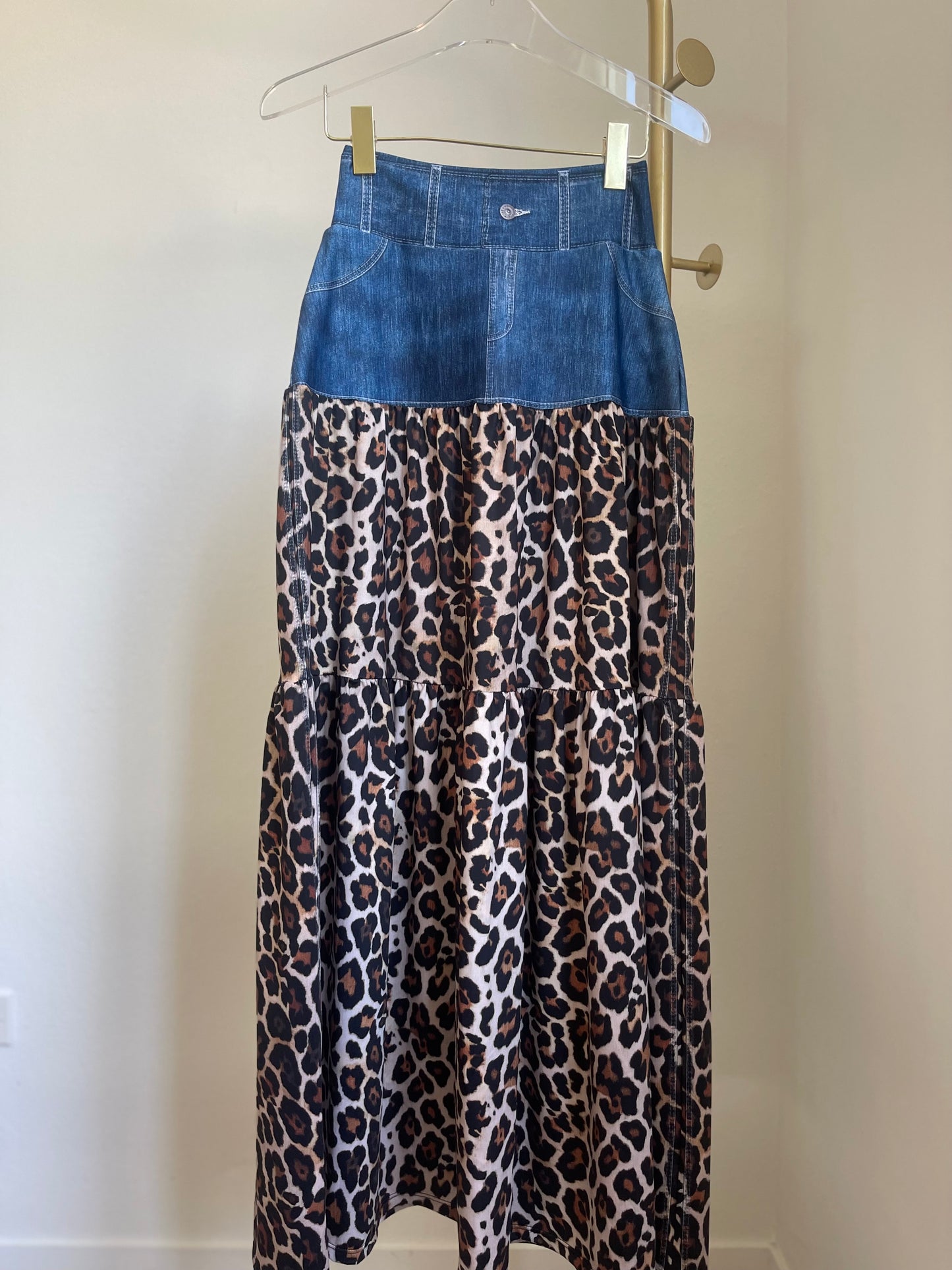 Leopard Denim Maxi Skirt