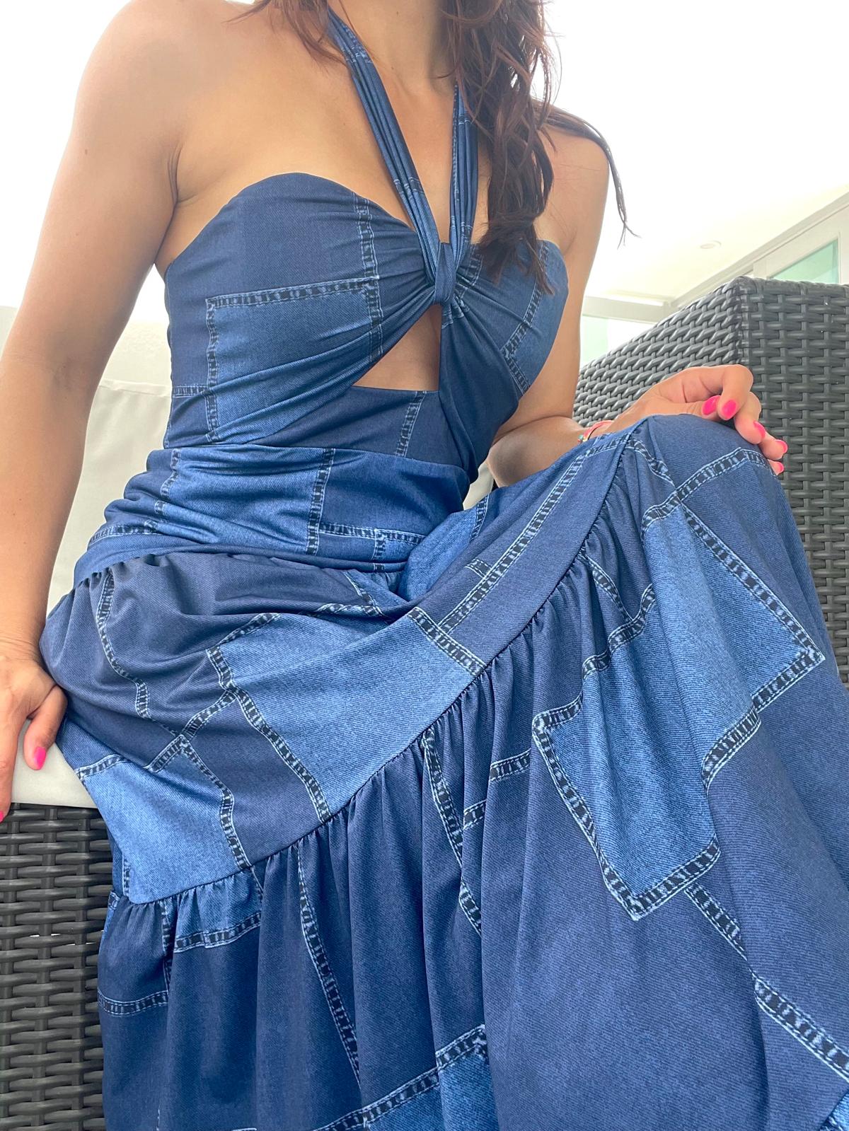 Denim Patches Maxi Dress