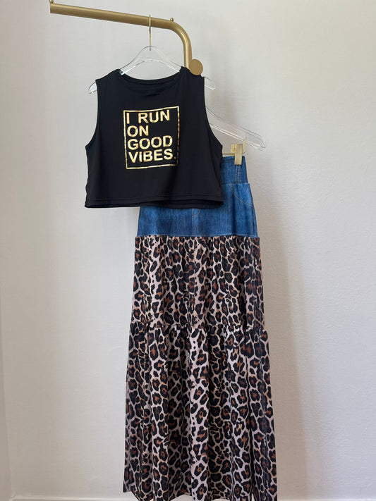 Leopard Denim Maxi Skirt